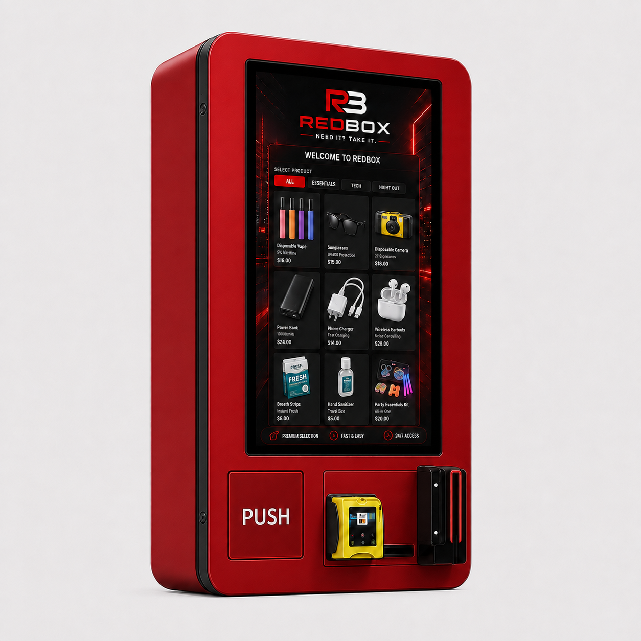 Distributeur automatique REDBOX rouge à écran tactile
