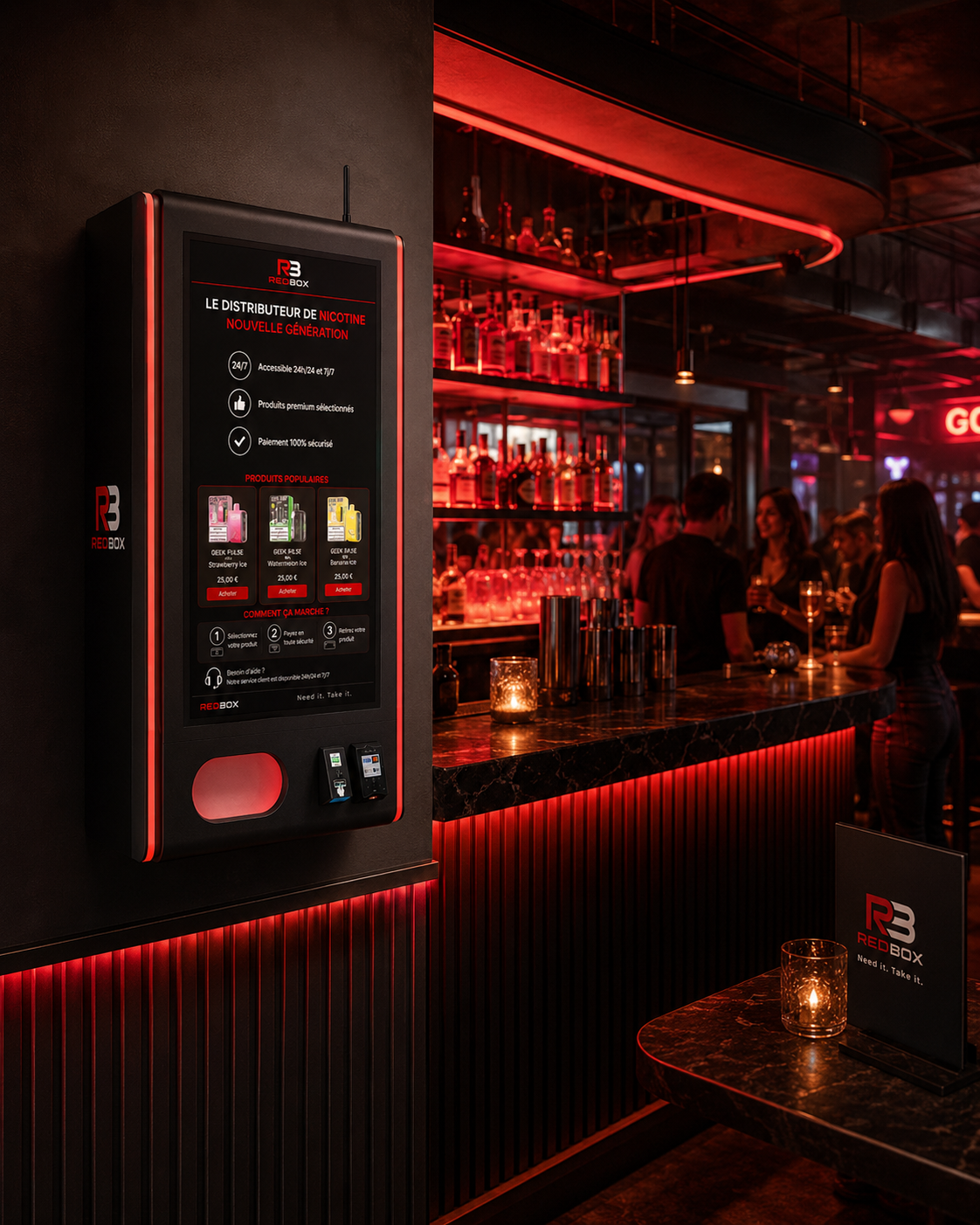 Distributeur automatique de vape REDBOX fixé au mur dans un bar