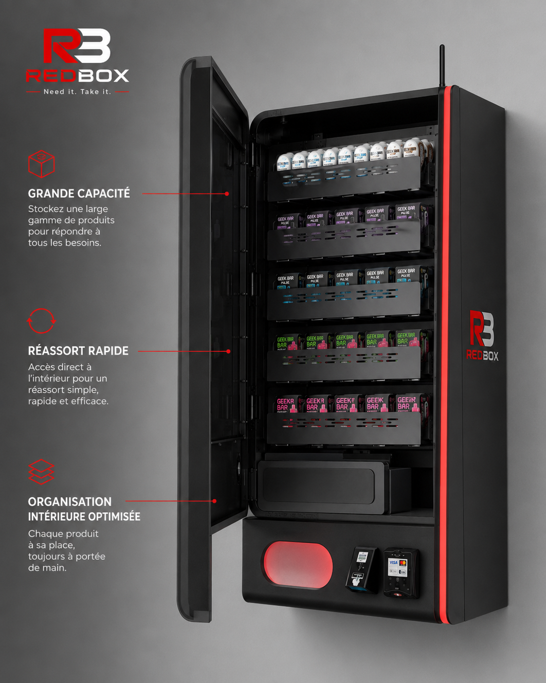 Intérieur du distributeur de vape REDBOX ouvert, rails chargés de produits