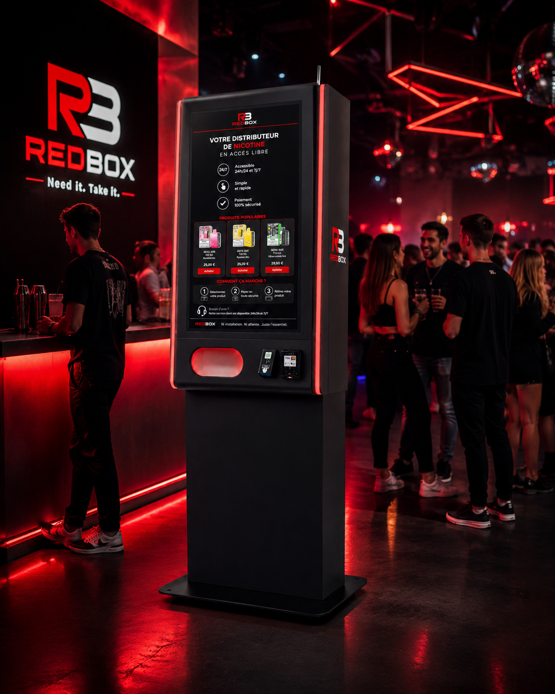 Machine à vape REDBOX sur pied dans une boîte de nuit