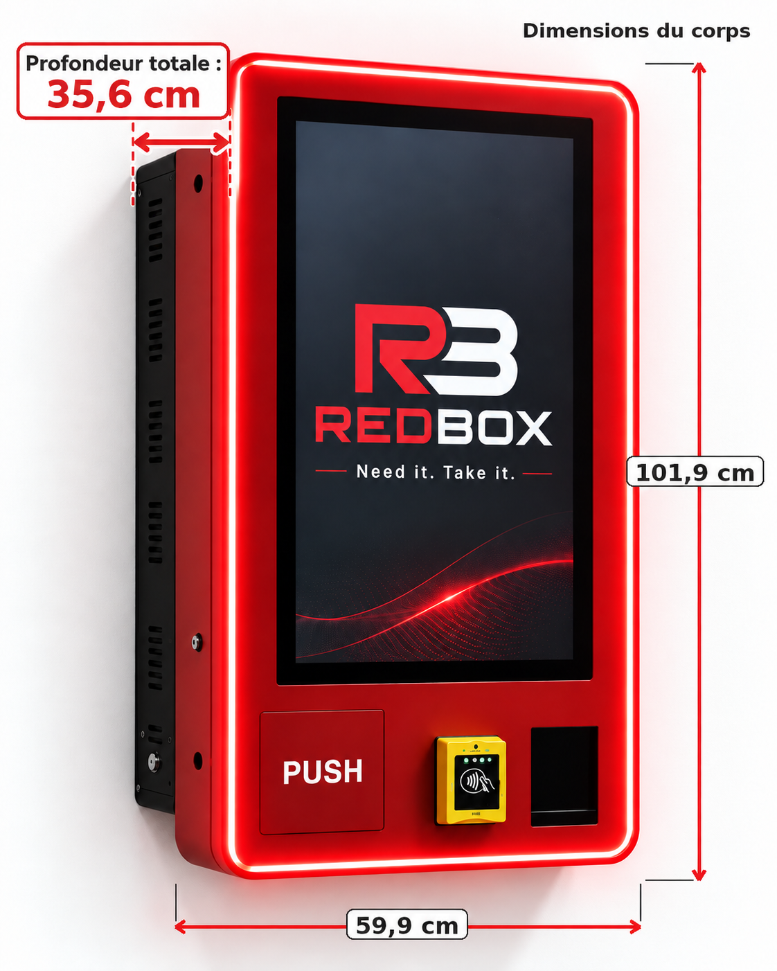 Cotes du distributeur automatique REDBOX murale : 101,9 × 59,9 cm, 35,6 cm de profondeur